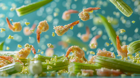 Fresh Prawns and Green Veggies Explosion in Mid Air on Aquamarine Background for Culinary Concepts AI Generativeの素材