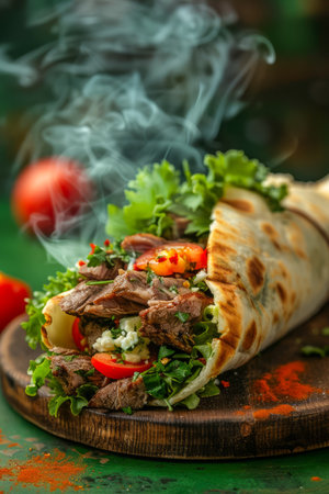 Delicious Fresh Beef Shawarma Wrap with Smoky Flavor on Wooden Board with Tomatoes and Herbs, Perfect for Middle Eastern Cuisine Concept AI Generativeの素材