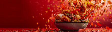 Explosive Culinary Delight Fiery Stir Fry with Vegetables and Flames on a Vivid Red Backdrop Dynamic Food Photography AI Generativeの素材
