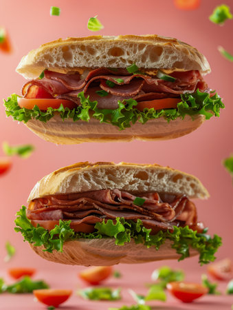 Delicious Levitating Ham Sandwich with Fresh Lettuce, Slices of Tomato, and Crusty Bread on a Pink Background with Flying Ingredients AI Generativeの素材