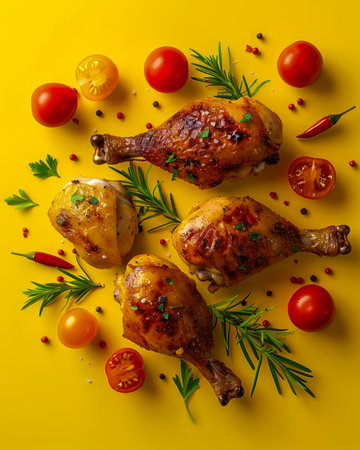 Delicious Roasted Chicken Legs with Fresh Herbs and Cherry Tomatoes on Bright Yellow Background AI Generativeの素材