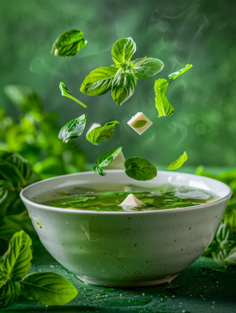 Fresh Basil Soup with Steam Rising Above Bowl Surrounded by Green Herbs on Natural Vibrant Background AI Generativeの素材