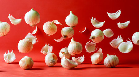 Fresh Whole and Sliced White Onions Levitating Against a Vibrant Red Background in a Dynamic Composition AI Generativeの素材