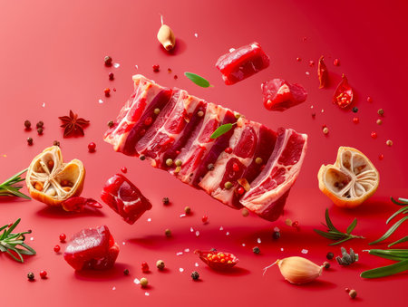 Fresh Raw Beef Ribs with Herbs and Spices on a Vibrant Red Background, Gourmet Meat Preparation Concept AI Generativeの素材