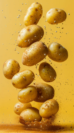 Fresh Whole Potatoes Falling with Water Drops Against Yellow Background in High Resolution AI Generativeの素材
