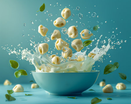 Fresh Tortellini Pasta with Basil Splashing into Bowl of Creamy Milk on Aqua Background AI Generativeの素材