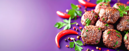 Spicy and Savory Meatballs Garnished with Fresh Parsley and Chili Peppers on a Purple Background for Gourmet Cuisine AI Generativeの素材