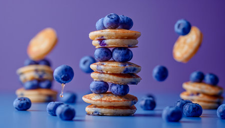 Fresh Blueberries Stacked on Mini Pancakes with Syrup Drizzle Against Purple Background AI Generativeの素材