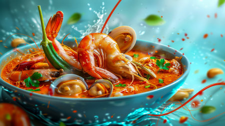 Vibrant Spicy Seafood Soup with Shrimp, Mussels and Herbs in Elegant Bowl, Dynamic Splashes AI Generativeの素材