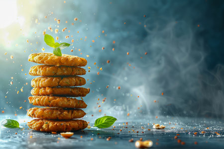 Freshly Baked Cookies Stacked with Mint Leaves on Moody Background with Crumbs and Dynamic Light Effect AI Generativeの素材