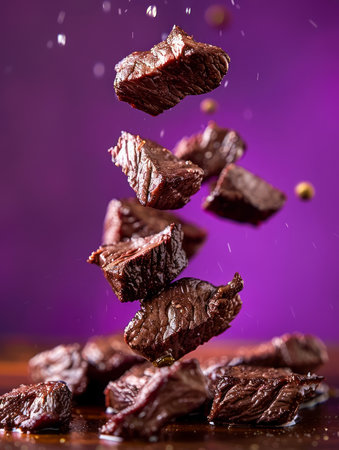 Captivating Levitating Chocolate Pieces with Dynamic Splash on a Vibrant Purple Background for Culinary Concepts AI Generativeの素材