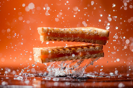 Delectable Peanut Butter and Jelly Sandwich Mid Air with Crumbs and Splashes Against Orange Background AI Generativeの素材