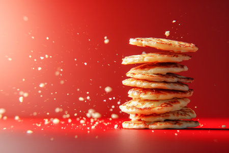 Delicious Golden Oatmeal Cookies Stacked with Crumbs against a Vibrant Red Background AI Generativeの素材
