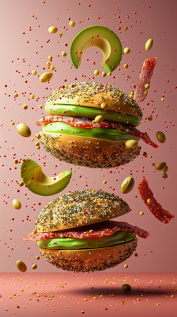 Creative Concept of a Floating Burger with Ingredients Suspended in Air on a Pink Background, Dynamic Food Photography AI Generativeの素材