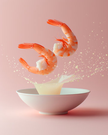 Flying Shrimp with Splashing Sauce in Bowl on Pink Background Creative Seafood Concept Photo AI Generativeの素材