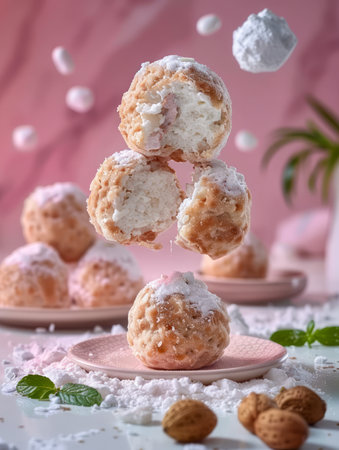 Levitating Coconut Macaroons in a Dreamy Pink Kitchen Environment with Falling Icing Sugar AI Generativeの素材