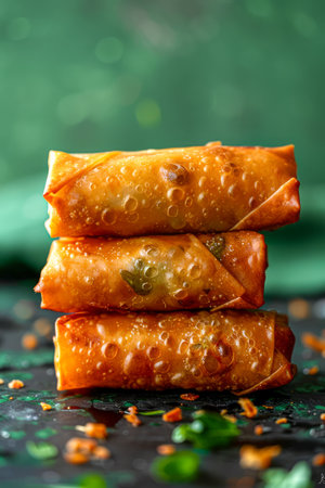 Golden Crispy Spring Rolls Stacked on Dark Slate with Vibrant Fresh Herbs and Spices Delightful Appetizers AI Generativeの素材