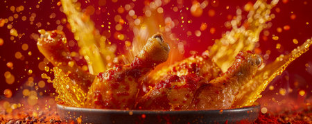 Spicy Grilled Chicken Wings Surrounded by Flames and Hot Sauce Splash on Dark Background AI Generativeの素材