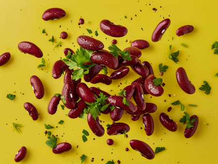 Scattered Kidney Beans with Fresh Parsley on Vibrant Yellow Background Healthy Food Concept AI Generativeの素材