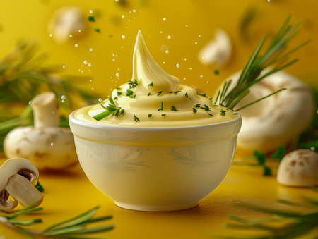 Fresh Creamy Mayonnaise with Herbs in White Bowl on Vibrant Yellow Background with Mushrooms and Rosemary AI Generativeの素材