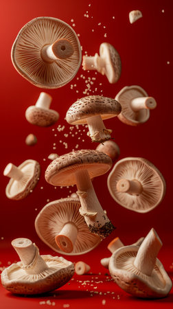 Levitating Fresh Brown Mushrooms on Deep Red Background with Dynamic Floating Effect and Realistic Detail AI Generativeの素材