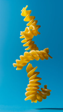 Creative Concept Photography of Rotini Pasta Spirals Floating Against a Solid Blue Background AI Generativeの素材