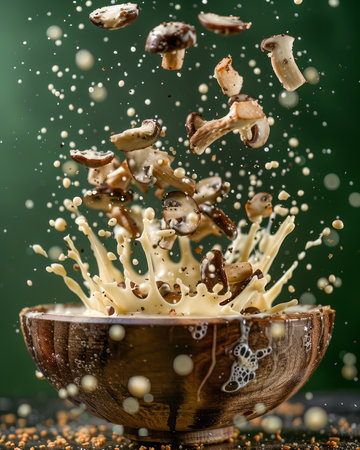 Captivating Splash of Milk with Floating Chocolate Cookies in Wooden Bowl on Dark Green Background AI Generativeの素材