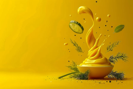 Fresh Kiwi Fruit Splash with Twisting Juice and Splashes on Vibrant Yellow Background AI Generativeの素材