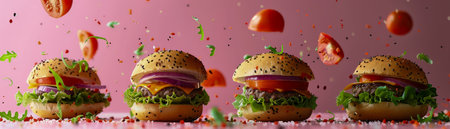 Dynamic Levitating Burgers with Flying Ingredients on Trendy Pink Background for Creative Food Concept AI Generativeの素材