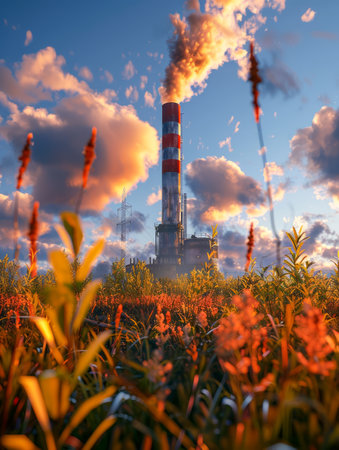 Industrial Factory Chimney Emitting Smoke Against Sky at Sunset with Green Foliage in Foreground AI Generativeの素材