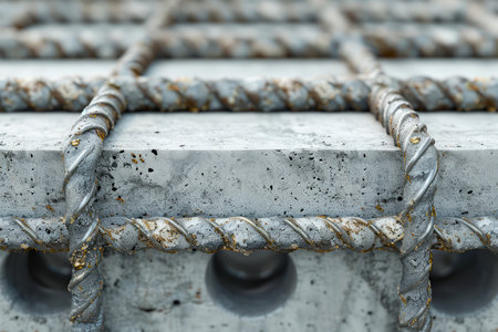 Close up View of Reinforcement Steel Bars in Precast Concrete Slabs for Construction and Architectural Designs AI Generativeの素材