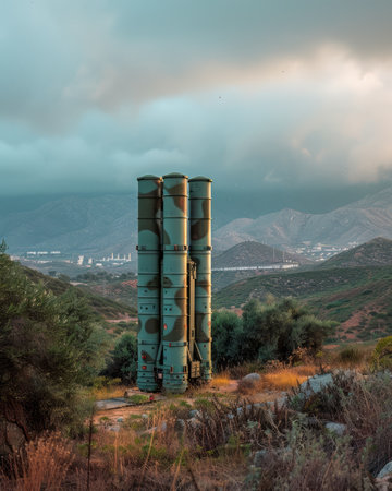 Serene Rural Landscape with Green Grain Silos Amid Rolling Hills Under Cloudy Sky at Sunset AI Generativeの素材
