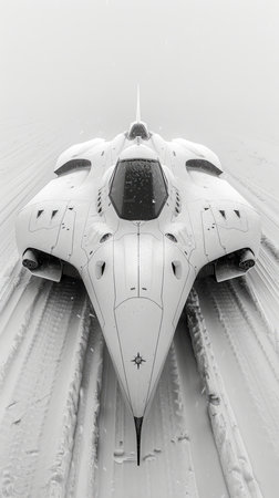 Futuristic White Spaceship Design on Textured Surface with Symmetrical Details in Black and White AI Generativeの素材