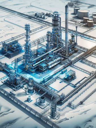 High detail Industrial Plant Illustration with Refinery Infrastructure and Pipelines AI Generativeの素材