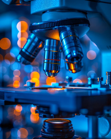 High Resolution Close up of Microscope Lenses in a Modern Scientific Research Laboratory with Blue Illumination AI Generativeの素材