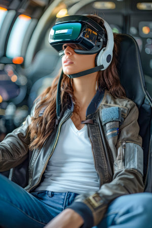 Young Female Pilot with Virtual Reality Headset in Cockpit Simulating Flight Experience AI Generativeの素材