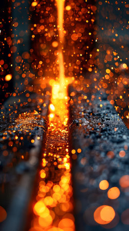 Abstract Golden Glittering Lights with Bokeh on Dark Background Sparkling Holiday Magic Backdrop AI Generativeの素材
