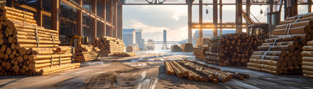 Panoramic View of Lumberyard with Stacked Wood Logs at Sunset, Industrial Timber Storage Site with Golden Light and Shadows AI Generativeの素材