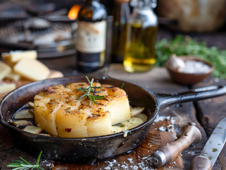Rustic Gourmet Baked Cheese with Rosemary in Cast Iron Skillet on Wooden Table with Olive Oil and Wine AI Generativeの素材