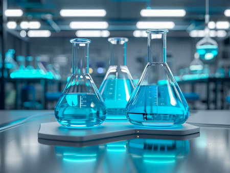 Modern Laboratory with Glassware Scientific Research, Chemistry Lab with Blue Liquid in Beakers, Biotechnology Concept, Futuristic Interior Design AI Generativeの素材