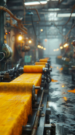 Modern Textile Factory Production Line with Automated Machinery Processing Yellow Fabric AI Generativeの素材