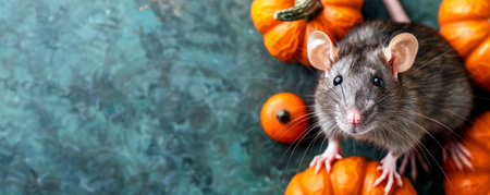 Adorable Gray Rat Surrounded by Orange Pumpkins on a Textured Blue Background Perfect for Autumn Themes AI Generativeの素材