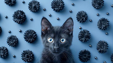 Black Kitten with Striking Blue Eyes Surrounded by Dark Spherical Objects on a Blue Background AI Generativeの素材