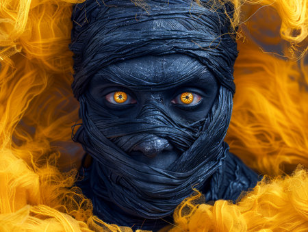 Mysterious Figure with Orange Eyes Wrapped in Dark Fabric Amidst Amber Smoke AI Generativeの素材