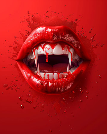 Sensual Female Lips with Shiny Liquid Lipstick and Vampire Fangs Dripping Blood on Red Background AI Generativeの素材