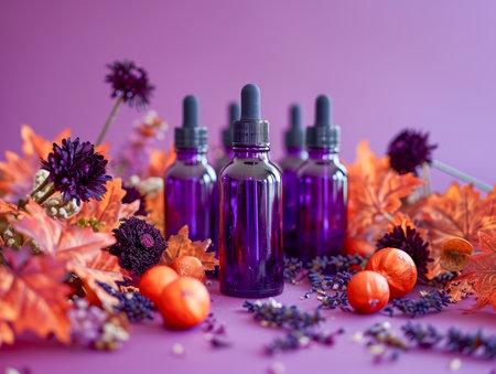 Autumn themed Essential Oil Bottles with Droppers, Surrounded by Fall Leaves, Flowers, and Berries on Purple Background AI Generativeの素材
