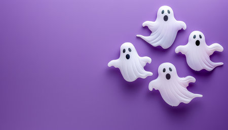 Cute White Ghost Figurines on a Purple Background for Spooky Halloween Decorations and Celebrations AI Generativeの素材