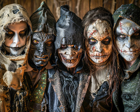 Group of People in Creepy Halloween Costumes with Scary Makeup Poses for Spooky Portrait AI Generativeの素材