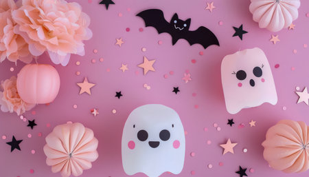 Cute Halloween Decorations with Ghosts, Bat, and Pumpkins on a Pink Background Festive Holiday Concept AI Generativeの素材