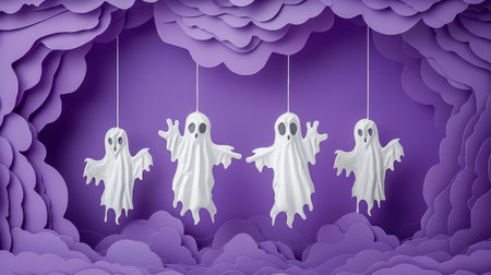 Halloween Themed Background with Hanging Ghost Decorations and Purple Clouds Ideal for Festive Invitations and Holiday Greetings AI Generativeの素材